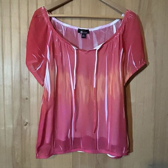 AB Studio Blouse Shirt Womens Large Sheer Relax Striped Red White Orange - Picture 1 of 8